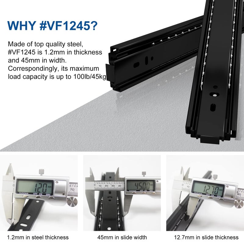 VADANIA 20" Push to Open Drawer Slide, #VF1245, 3-Fold Full Extension, Heavy Duty 100lb Load Capacity, Especially for Handleless Cabinet & Drawer, Ball Bearing, Side Mount, Black, 1-Pair - Image 5